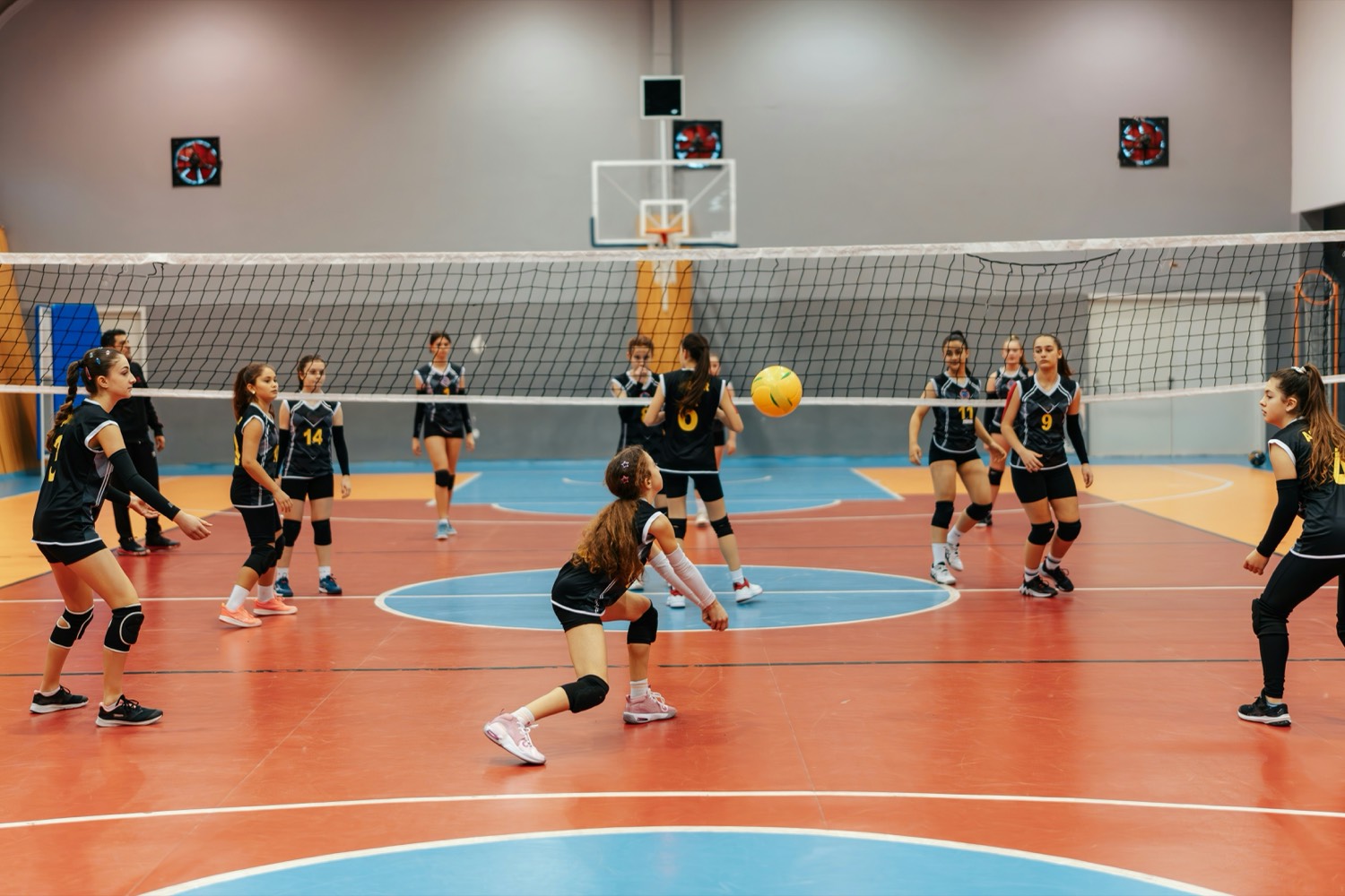 A girls volleyball team in the middle of a rally in the gym